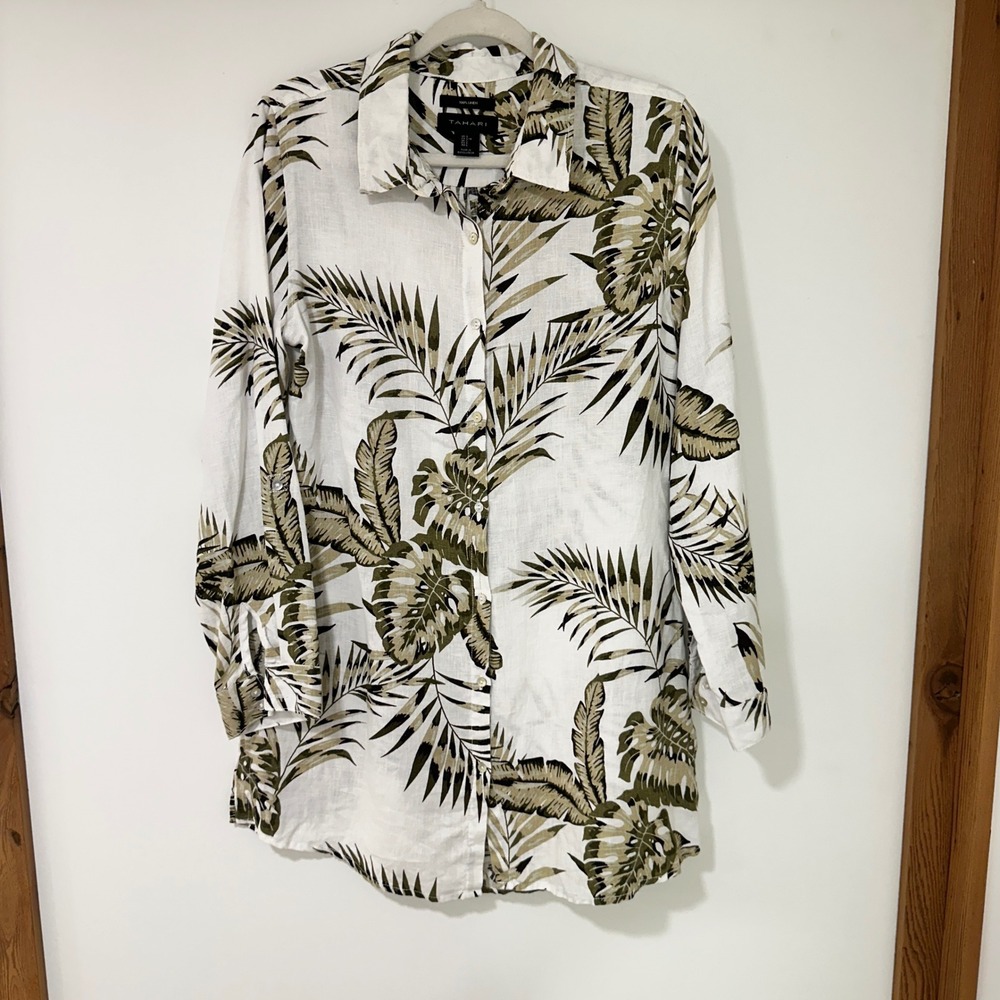 Tahari Linen Shirt Womens Large White Green Tropical Palm Leaf Tunic Button Down